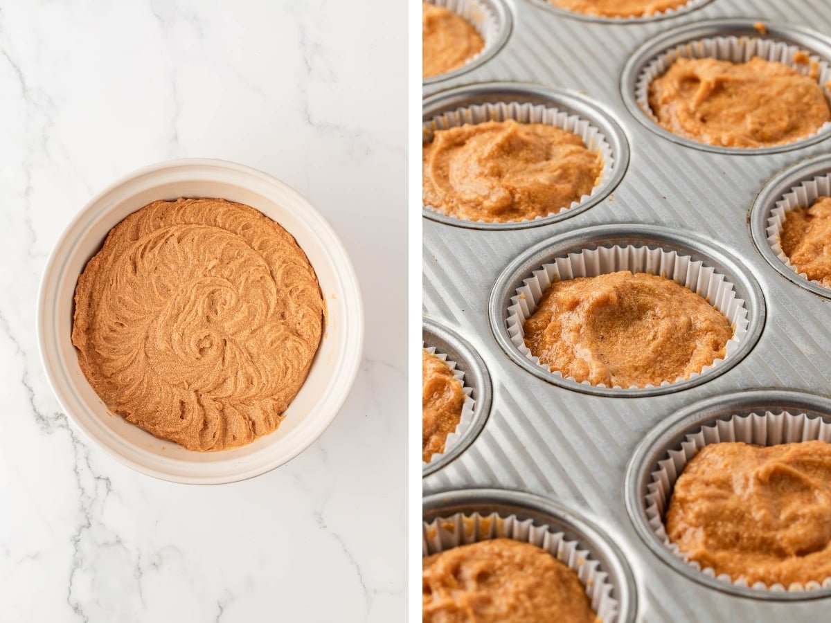 pumpkin batter in a bowl and in muffin tin