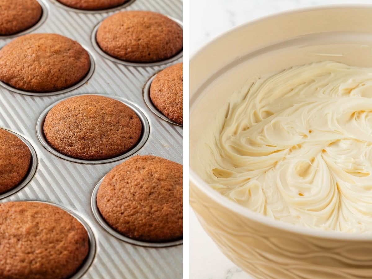 baked cupcakes and cream cheese frosting in a bowl