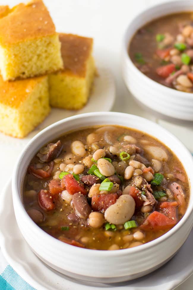 Slow cooked ham and bean soup with different kinds of beans