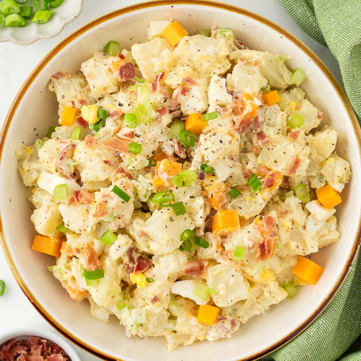 loaded baked potato salad recipe in a bowl