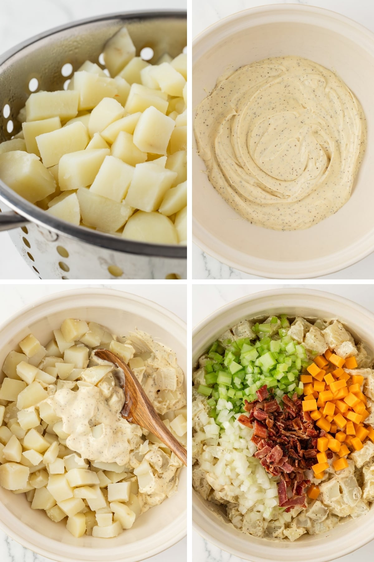 boiled potatoes being mixed with creamy salad dressing, cheese, bacon and veggies