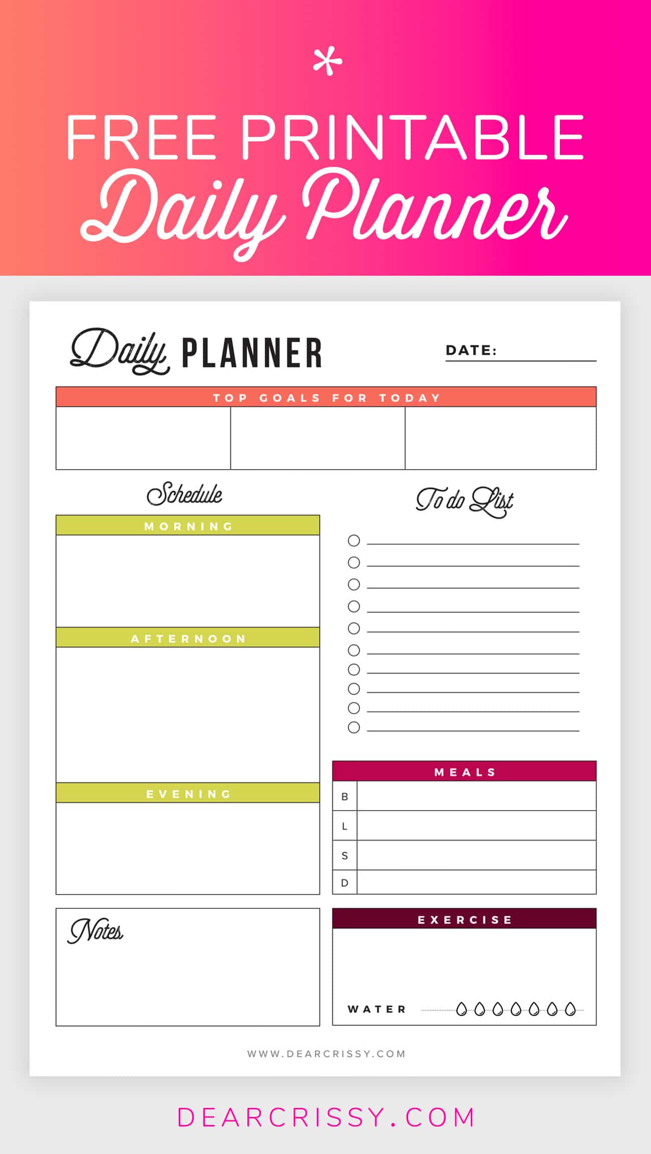 Free Printable Daily Planner - Goals, To-Do, Exercise, Water Daily Tracker!