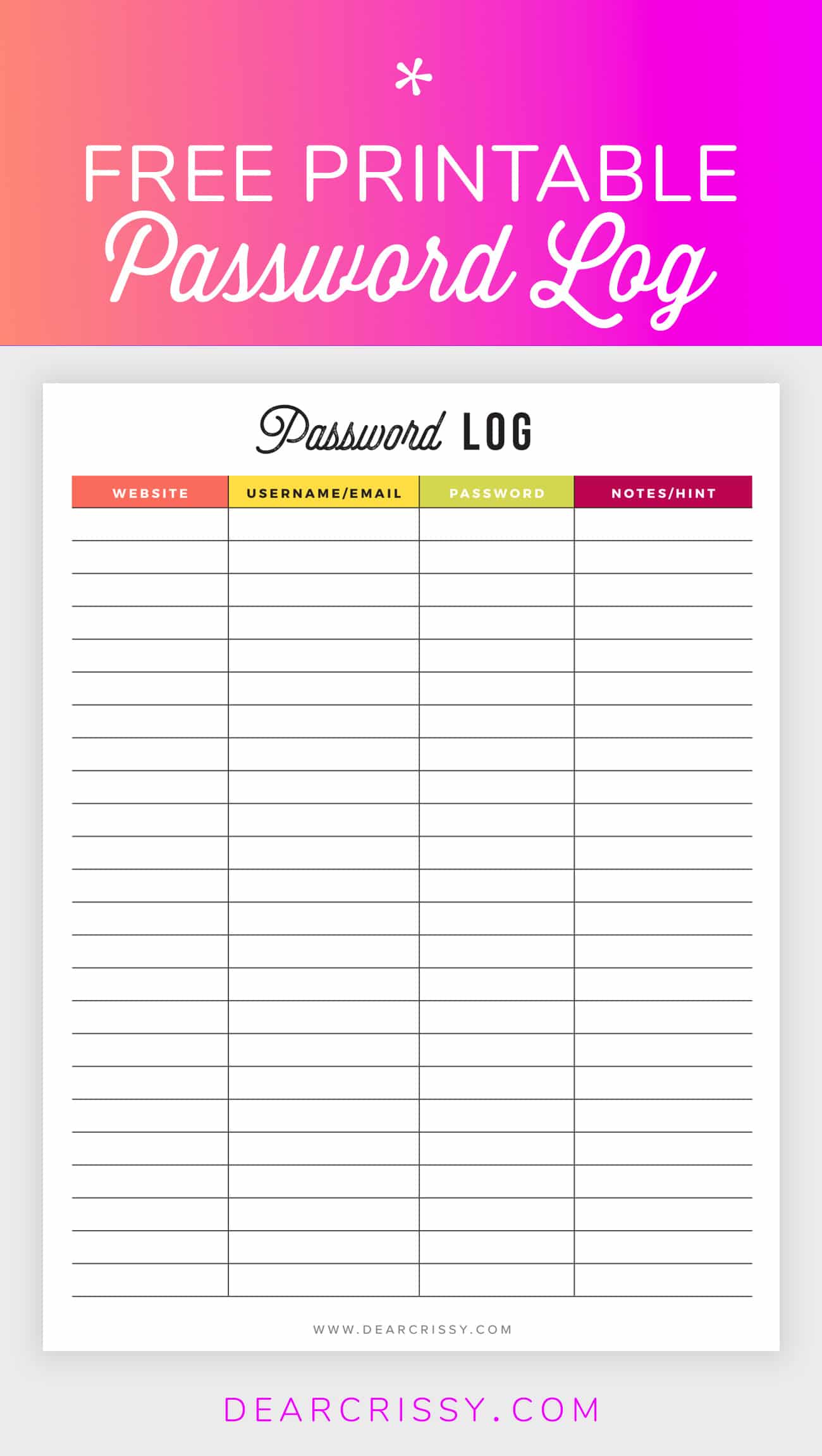 Printable Password Log Template