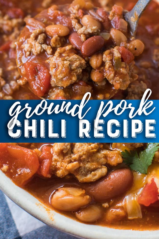 Ground Pork Chili Recipe - This easy pork chili is full of flavor. It's the best chili recipe ever! #chili #groundpork #pork #soup #dinner 