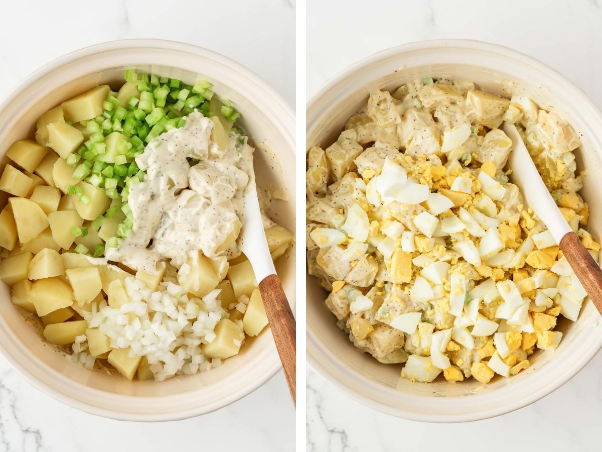 mixing in the vegetables, dressing, and hard boiled eggs photo