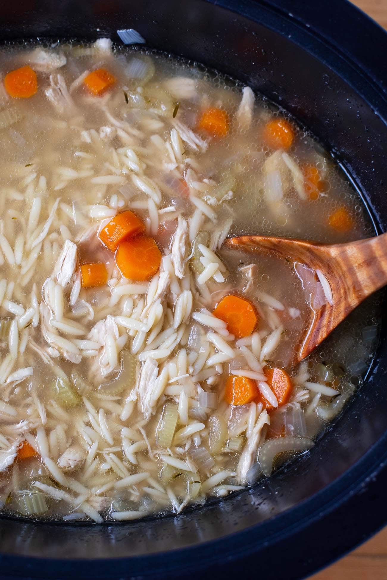 overhead photo of soup in a slow cooker