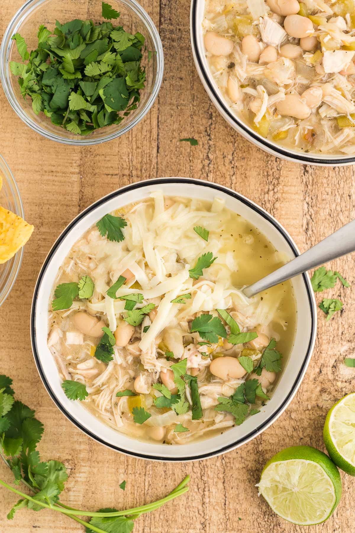 close up shot of a bowl of low carb keto white chicken chili