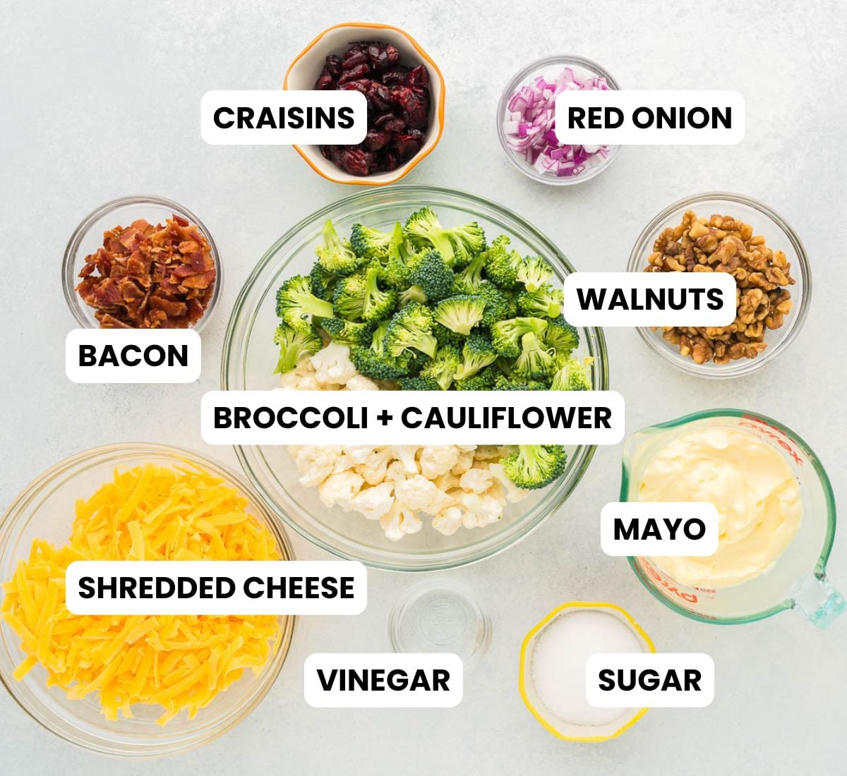 ingredients for cauliflower broccoli salad