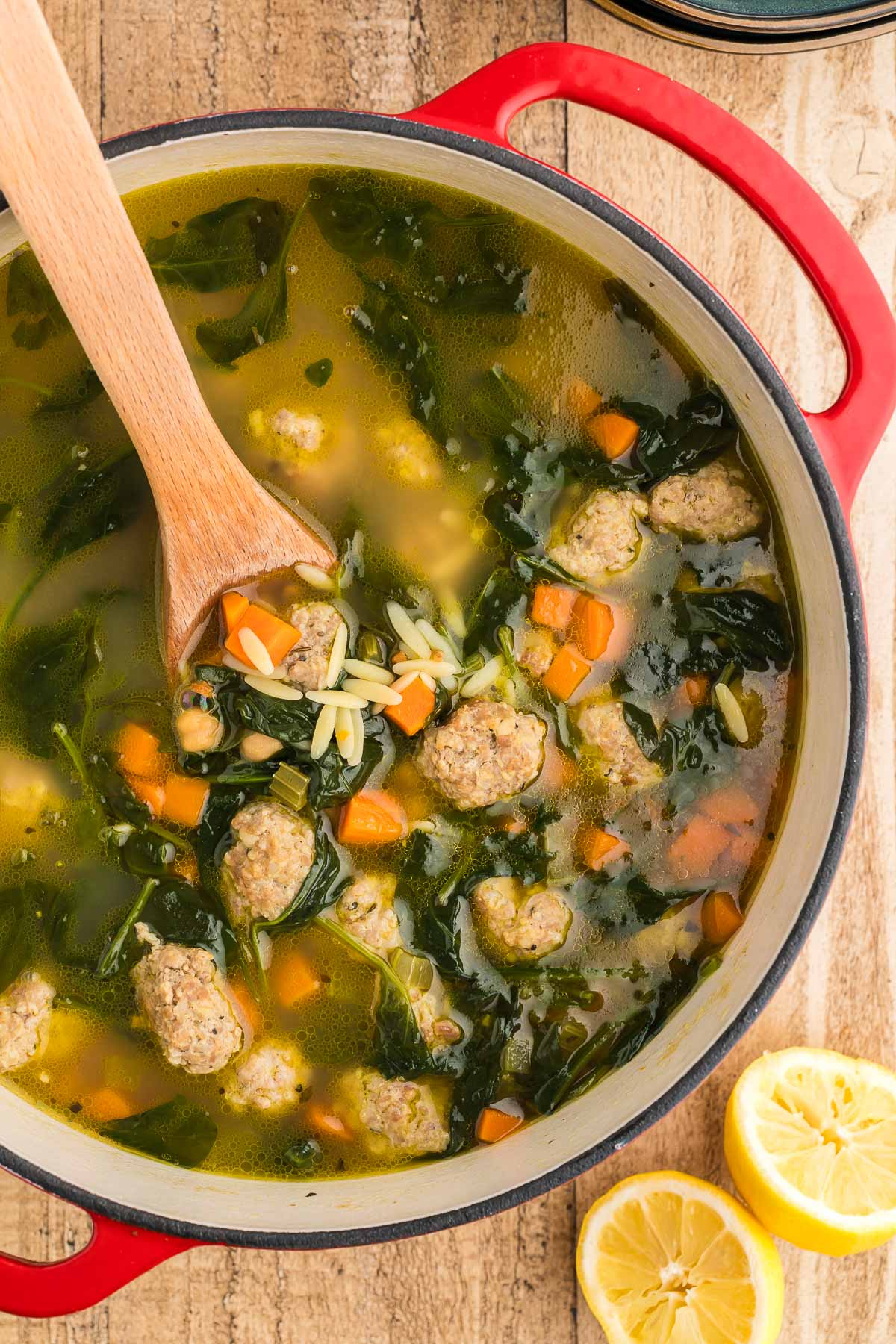 overhead pot photo of italian wedding soup recipe