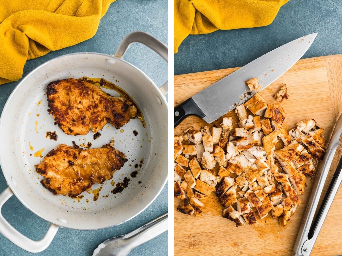 seared chicken in a pot and on a cutting board