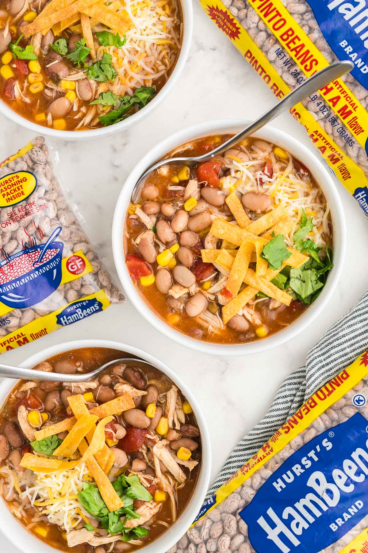 overhead shot of bean stew in bowls