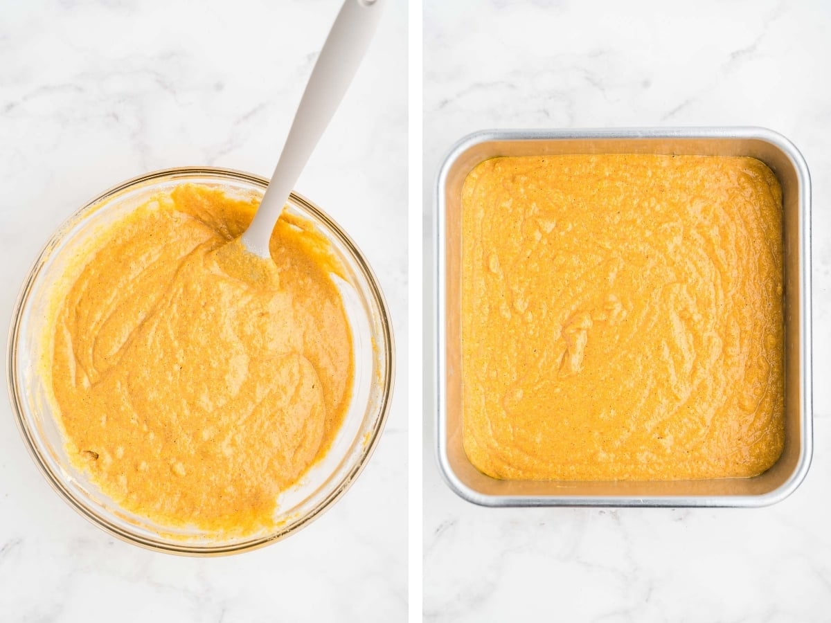 pumpkin cornbread batter in a bowl and pan