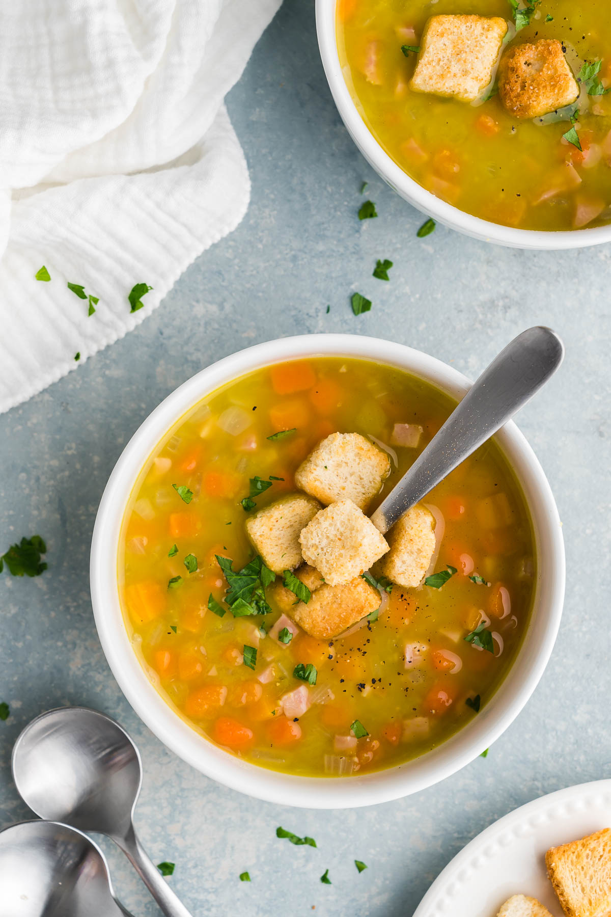 overhead shot of veggie and dry beans soup