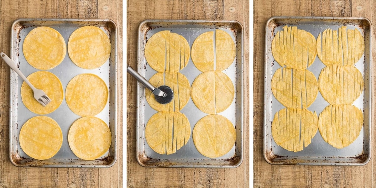 cutting corn tortillas on a baking sheet