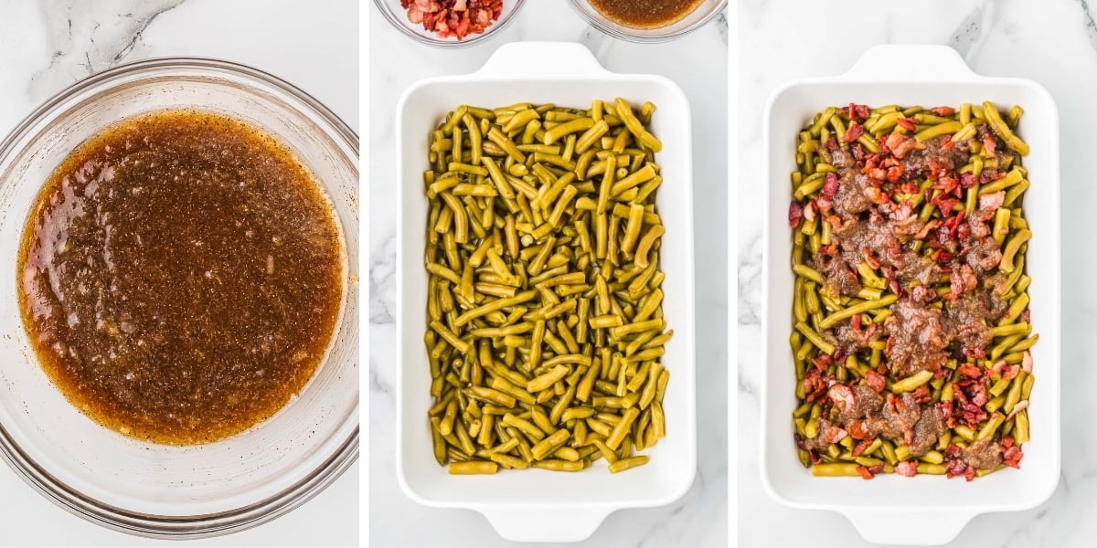 assembling canned green bean recipes in a dish