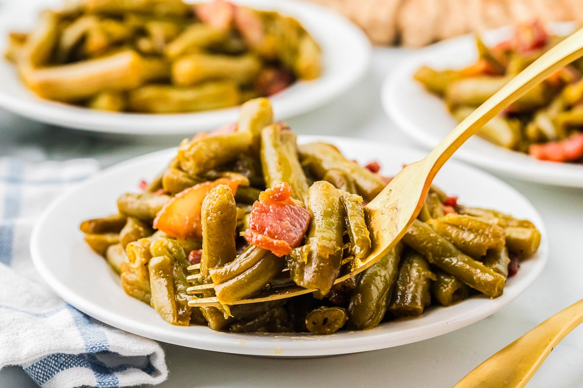 Canned Green Beans Recipe baked with bacon and brown sugar glaze