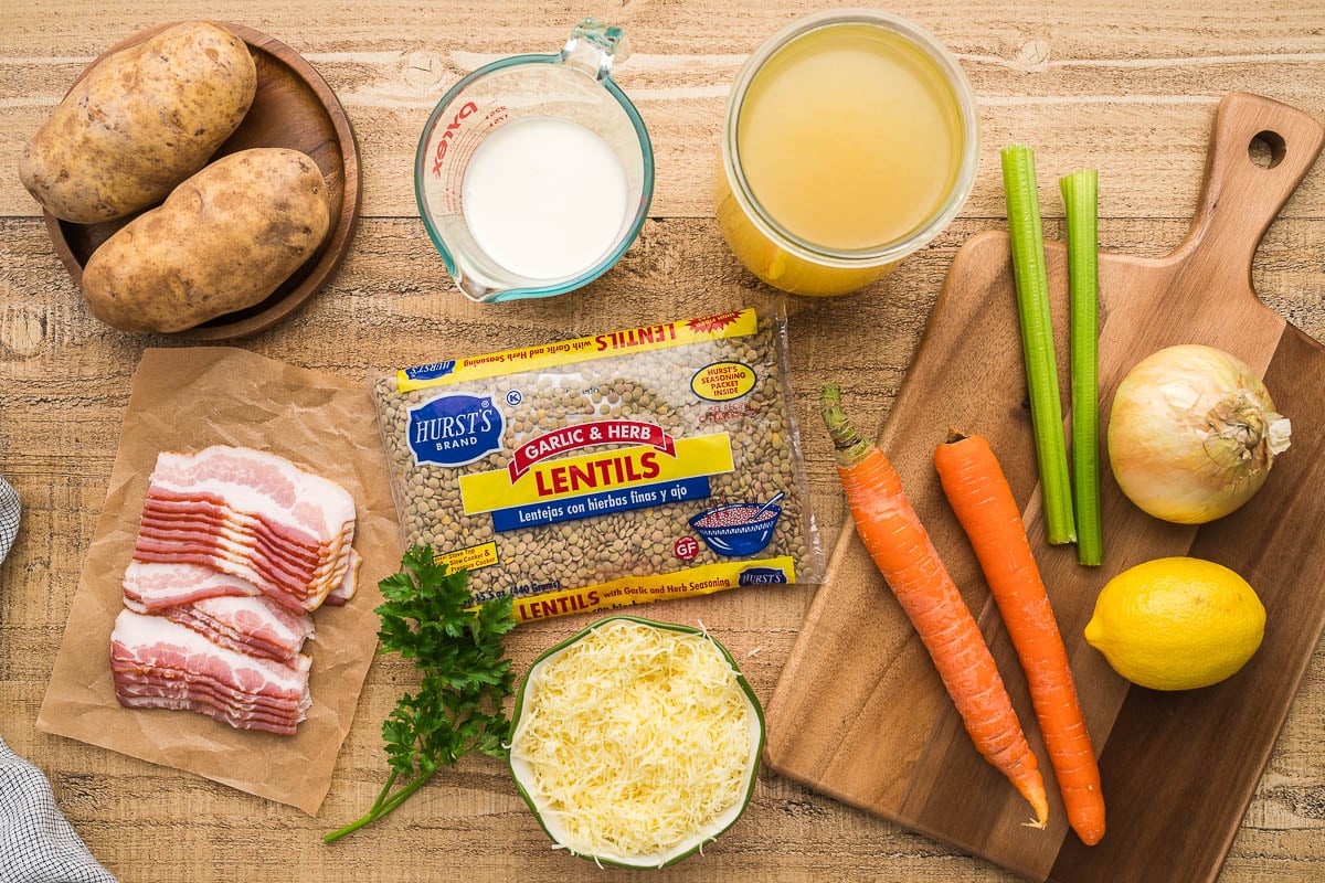 vegetables and soup ingredients on a cutting board