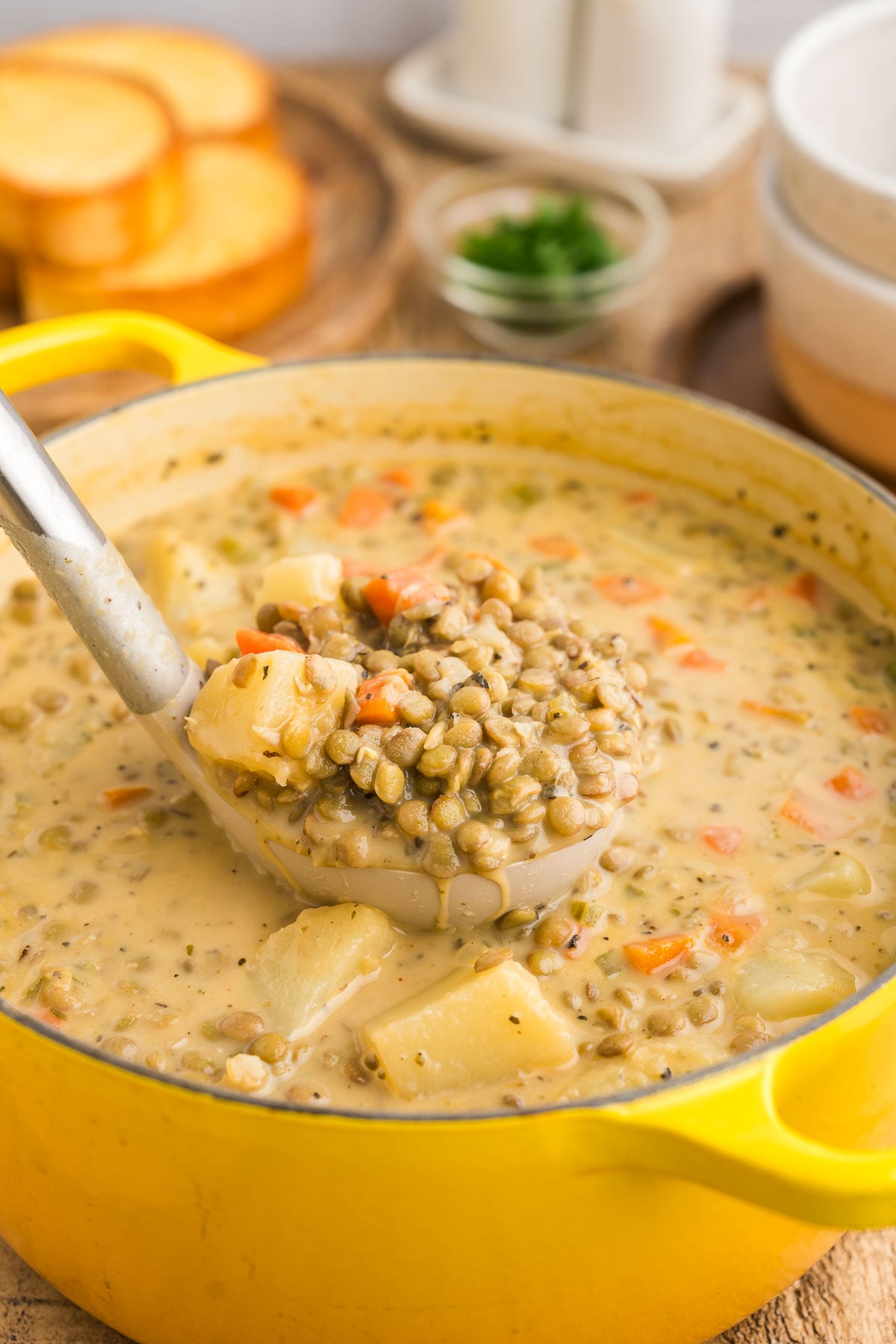 Spoonful of cheesy lentil chowder showing lentils and vegetables