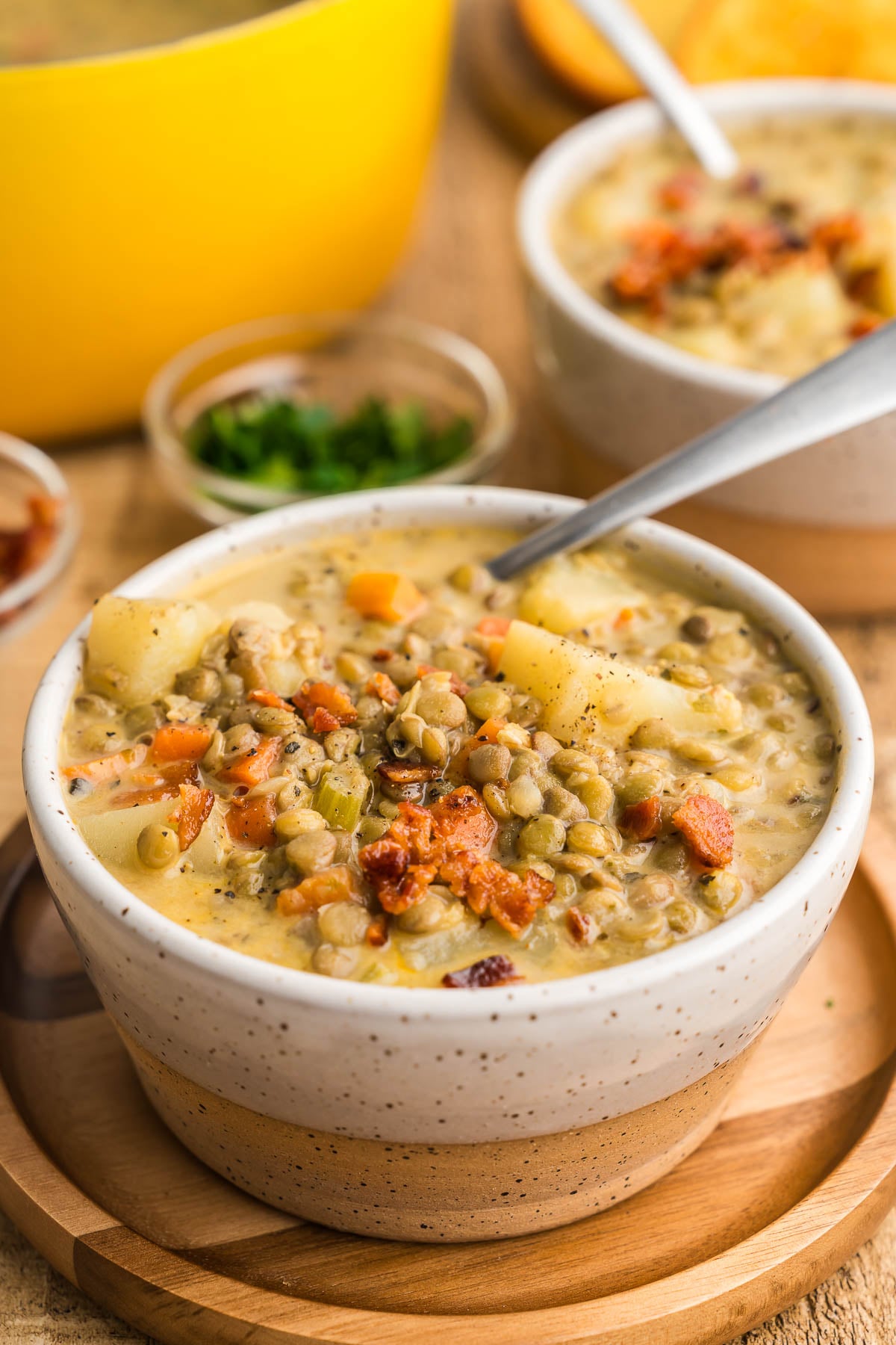 One pot lentil soup cooked with carrots, celery, and onion
