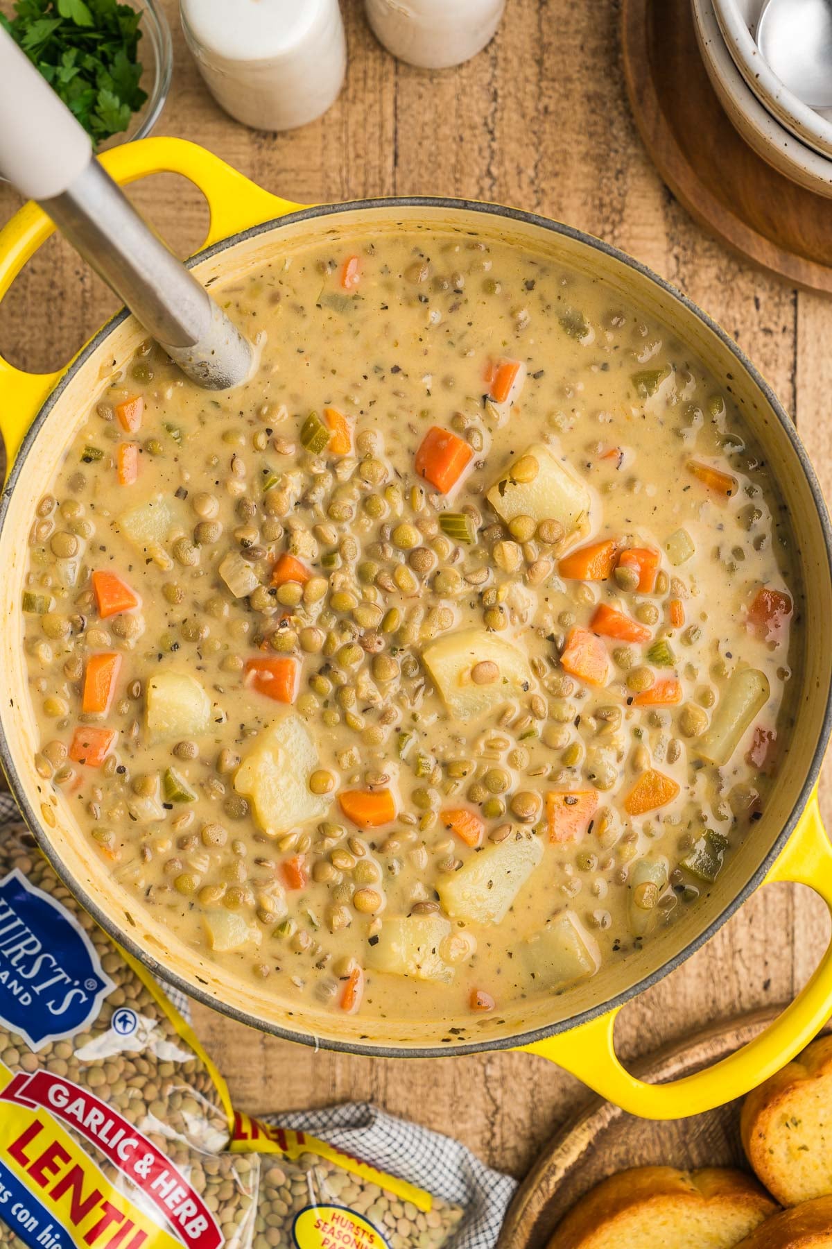 One pot lentil soup cooked with carrots, celery, and onion