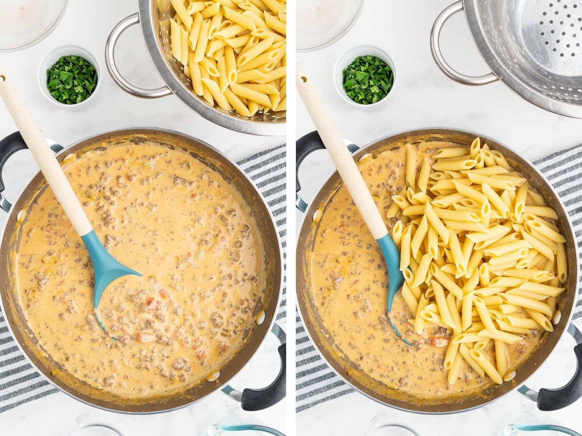 Stirring pasta into a creamy cheese sauce in a deep skillet