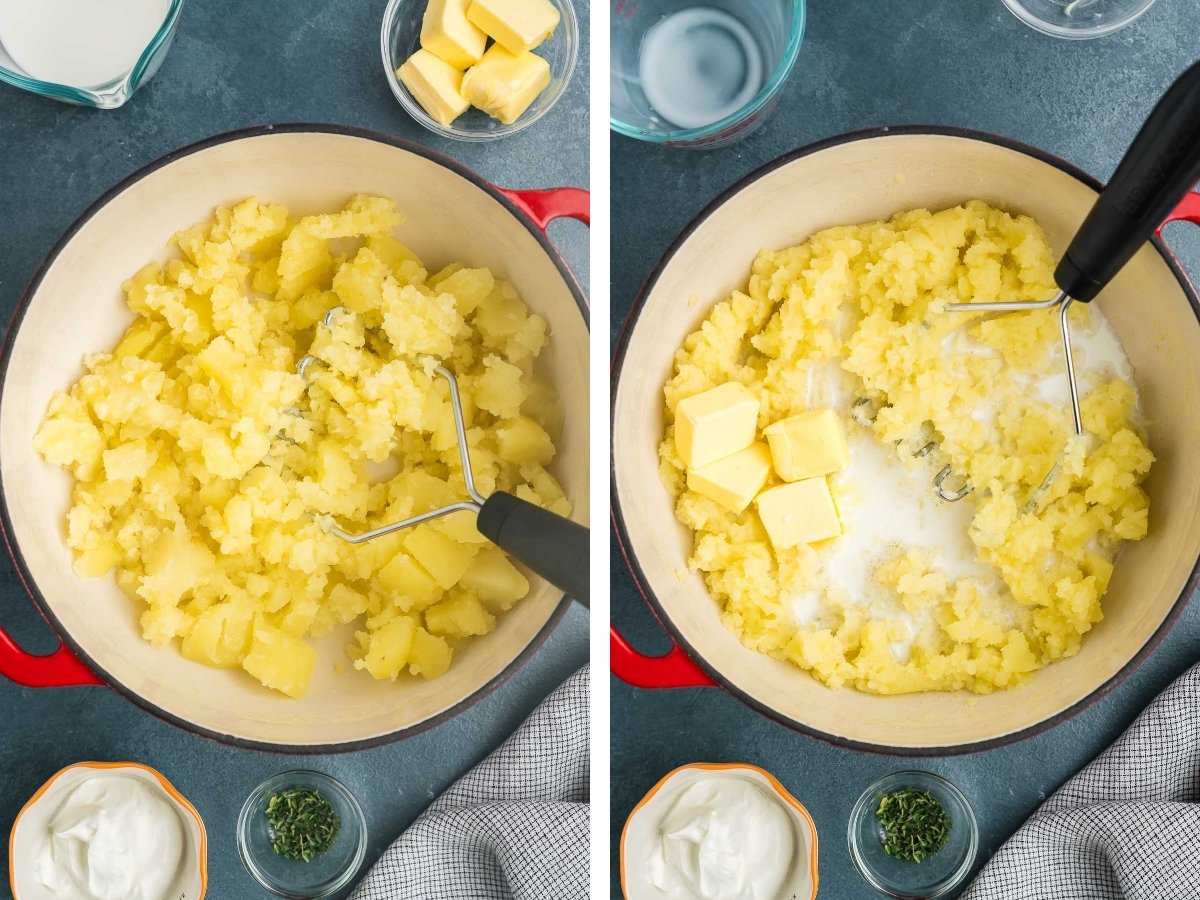 hand mashing potatoes and adding dairy