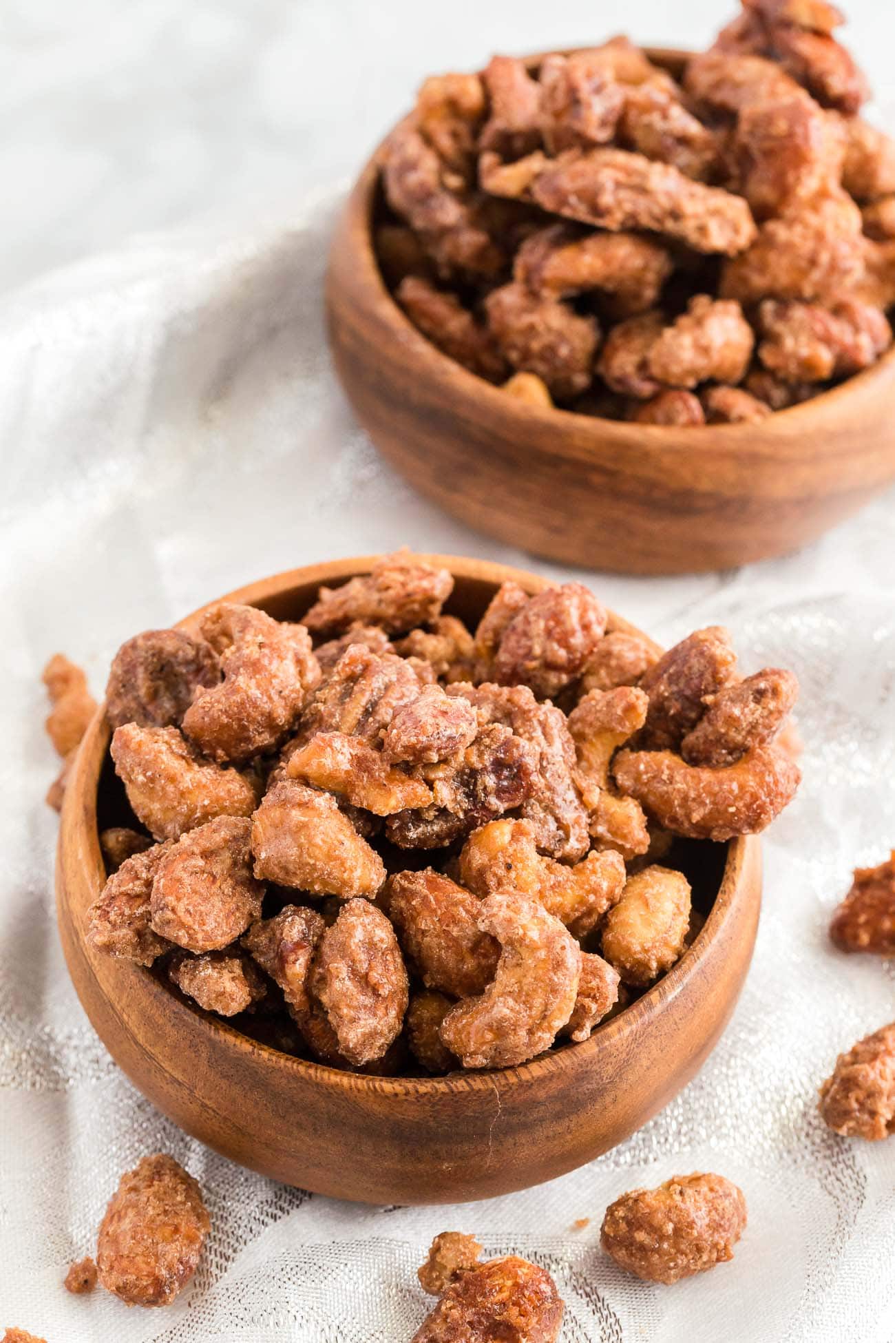 finished cinnamon roasted nuts served in a festive bowl