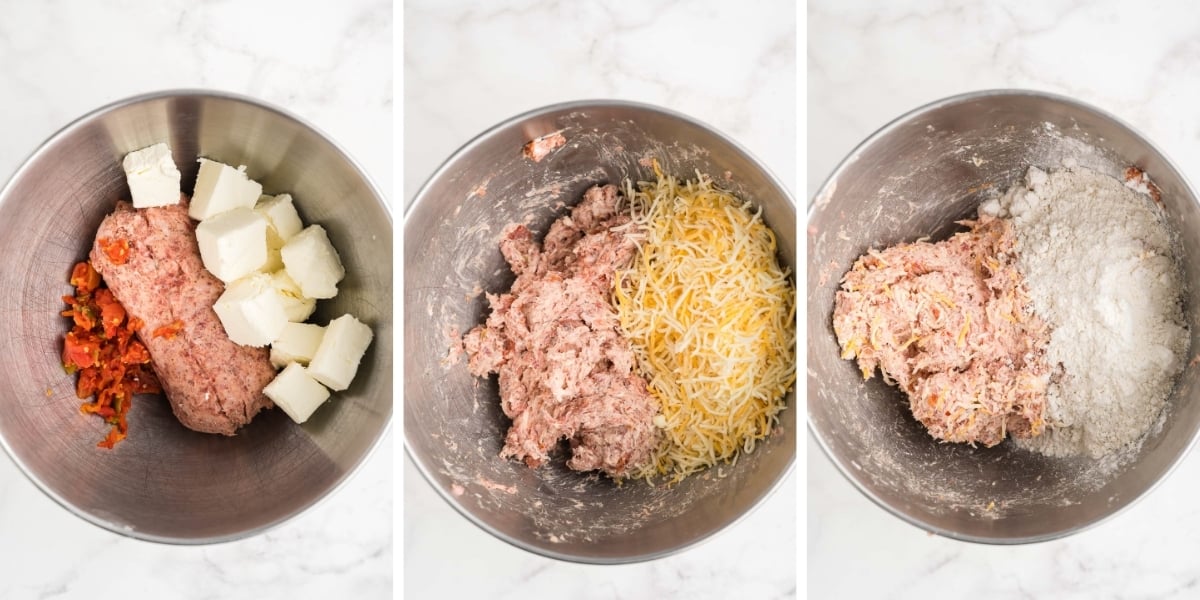 assembling cream cheese appetizer with sausage