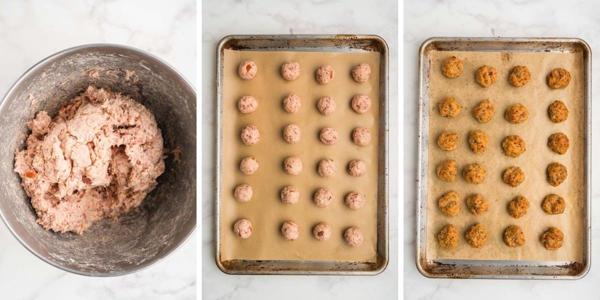 rolling sausage balls and putting them on a baking sheet