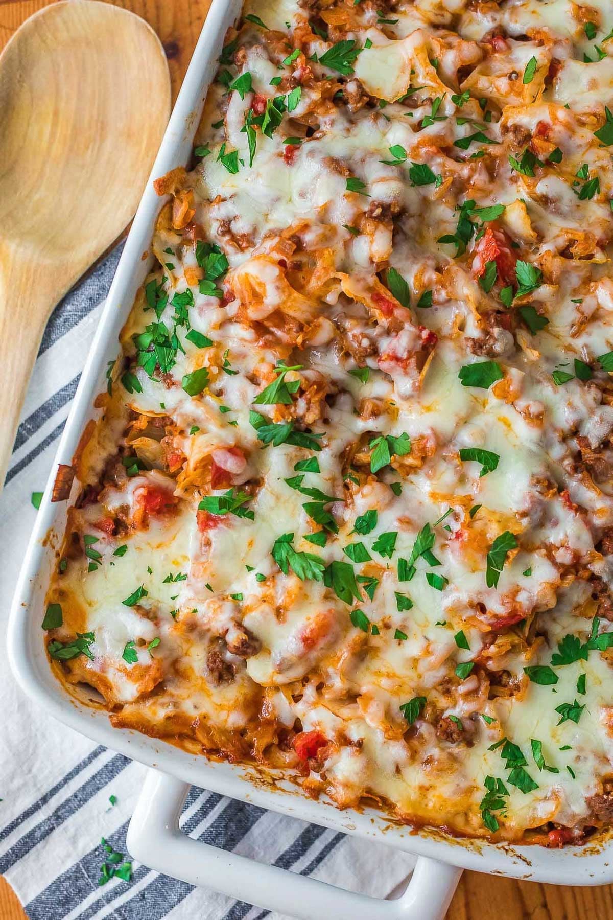 overhead shot of cheesy casserole bake