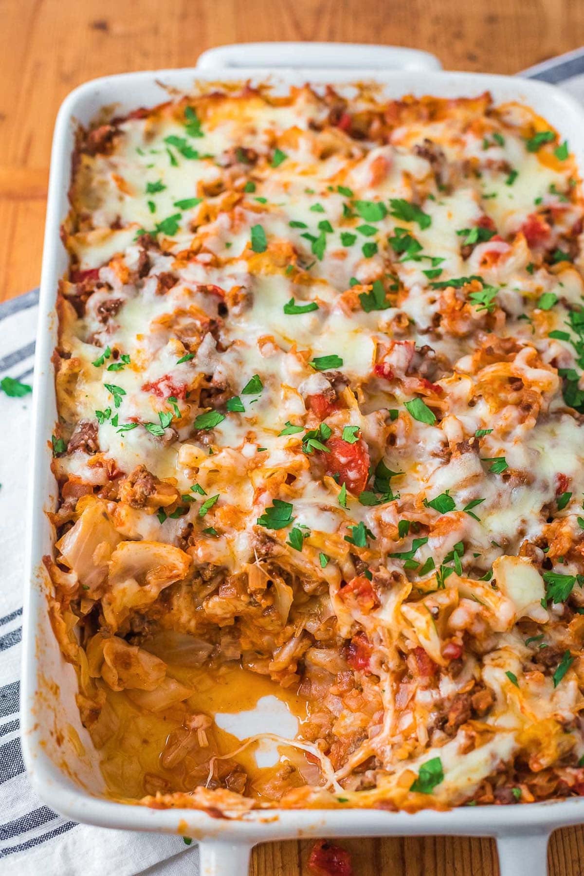 close up of cheesy stuffed cabbage roll casserole