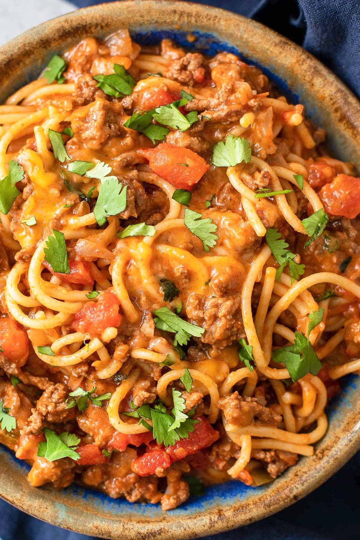 mexican pasta in a bowl close up