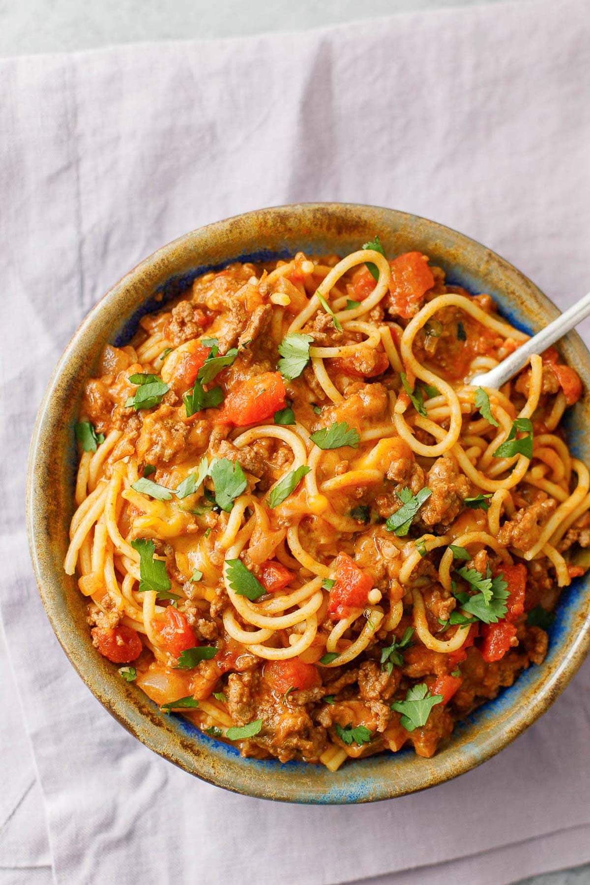 bowl of ground beef pasta with taco seasoning