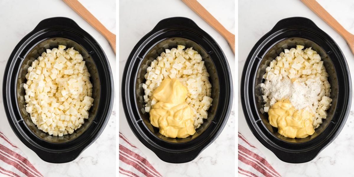 Frozen hash browns, cream of chicken, ranch mix and broth layered in a Crock Pot for potato soup
