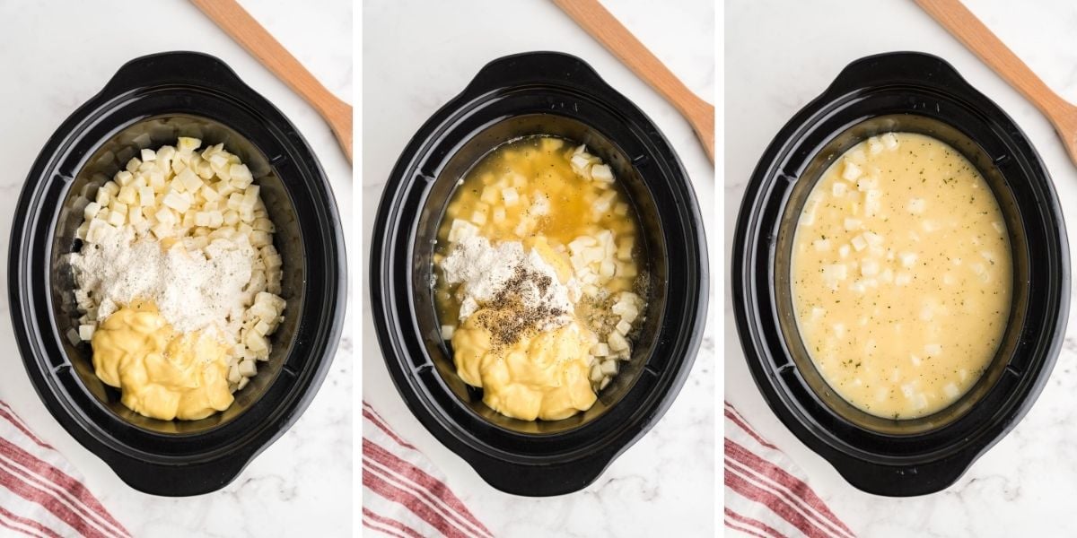 Stirring the broth and ranch seasoning together in the slow cooker