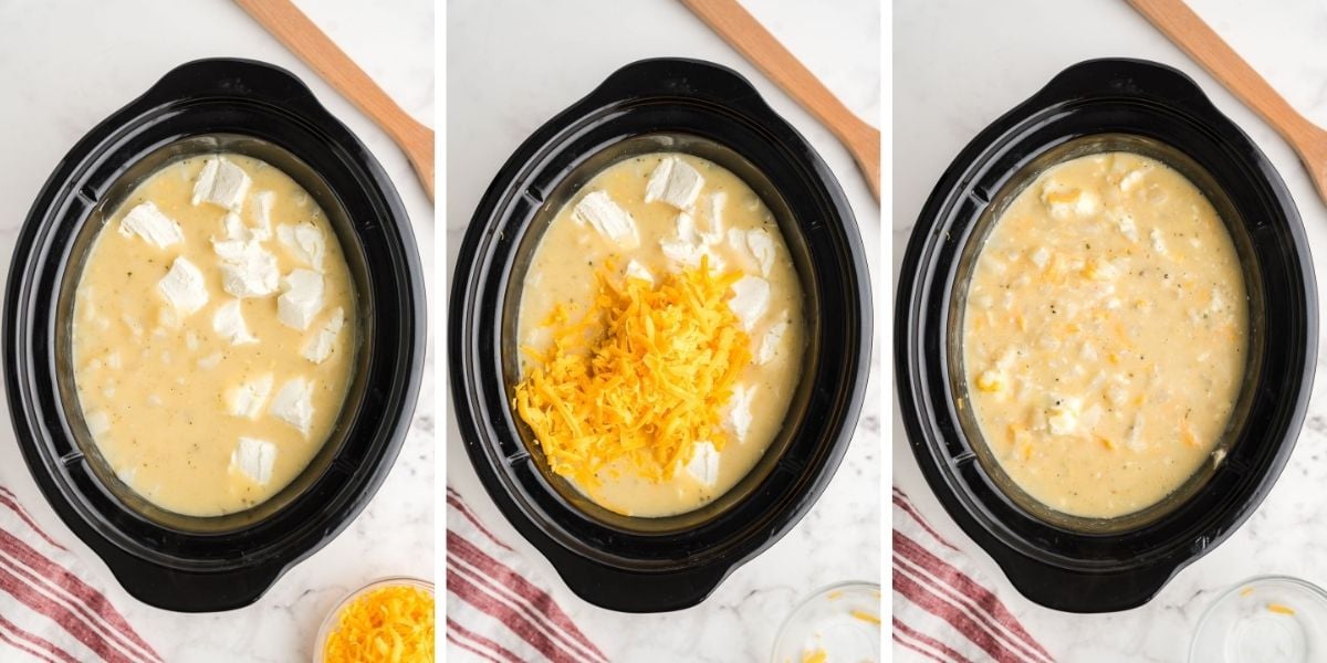 Stirring cream cheese and cheddar into Crock Pot potato soup with hash browns