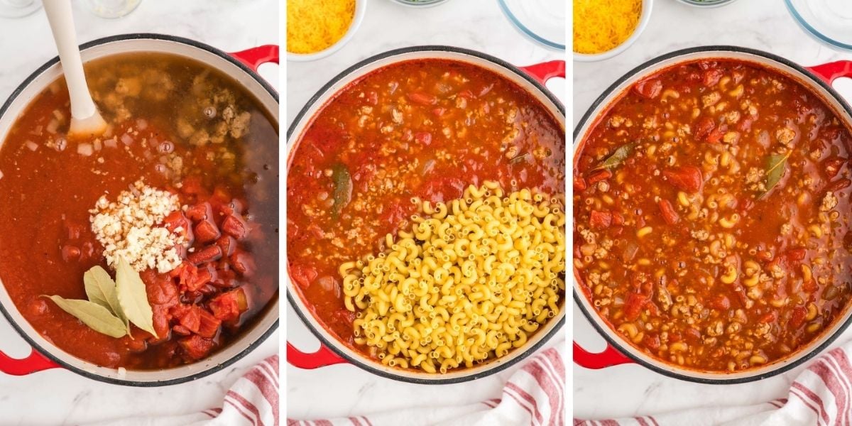 Tomato sauce, diced tomatoes, bay leaves, and elbow macaroni added to the pot to simmer