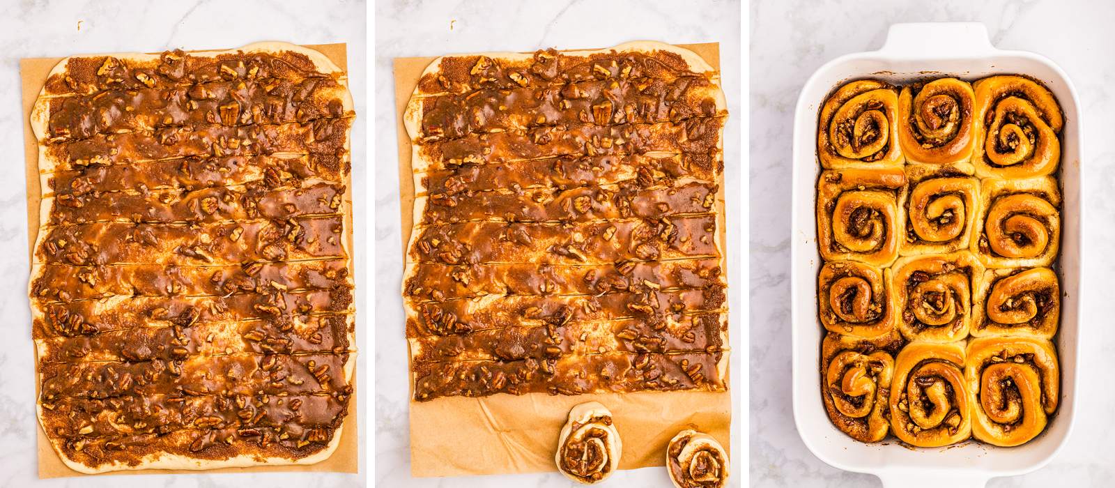 Filling spread over dough cut into strips, each strip twisted into a spiral, and the finished pan baked golden brown.