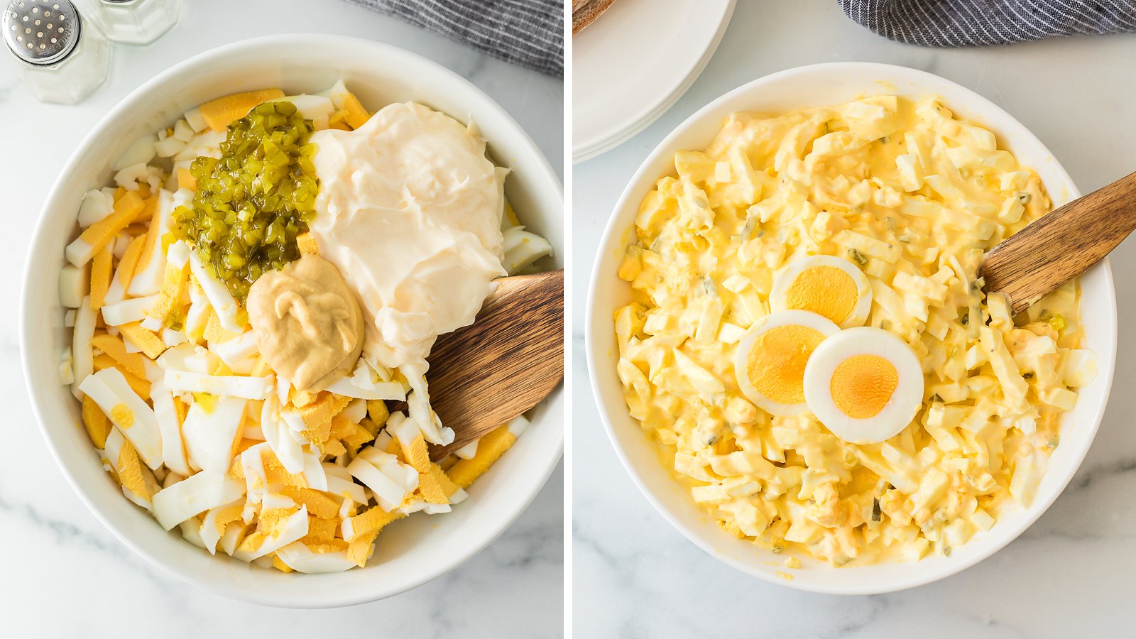 Mayo, relish and Dijon added to chopped eggs, then stirred into a creamy egg salad with relish.