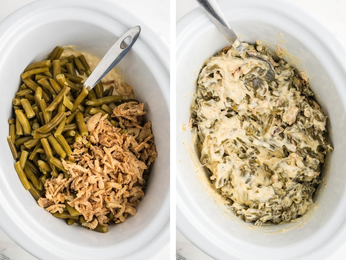 Green beans and fried onions added to the sauce and stirred in for slow cooker green bean casserole