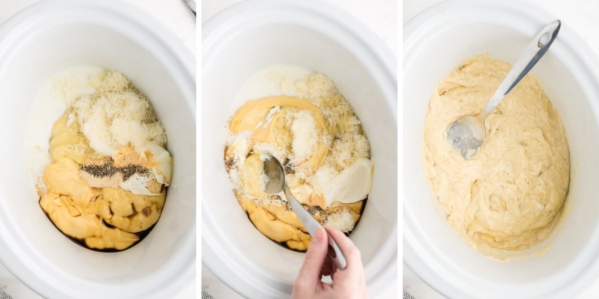Soups, sour cream, milk, Parmesan and seasonings stirred into a smooth, creamy sauce in a crock pot