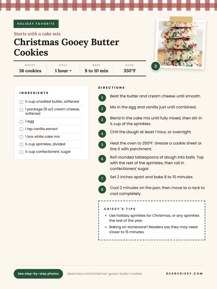 Christmas Gooey Butter Cookies recipe page from the free cookbook.