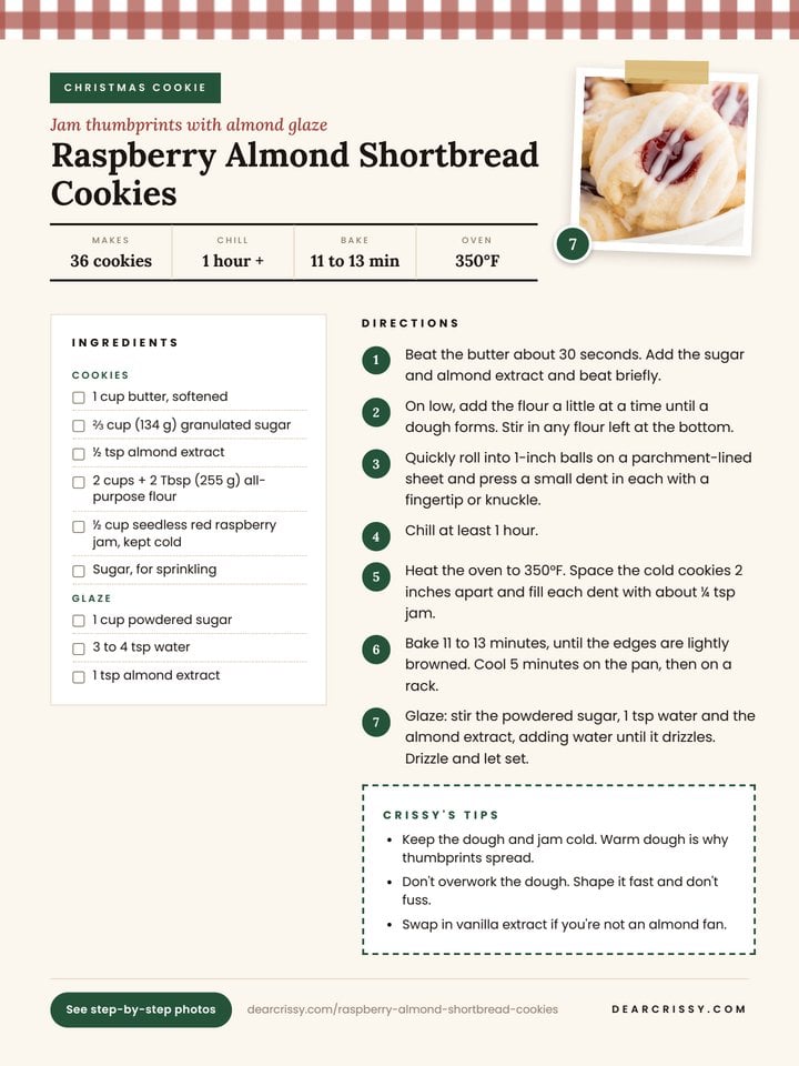 Raspberry Almond Shortbread Cookies recipe page from the free cookbook.
