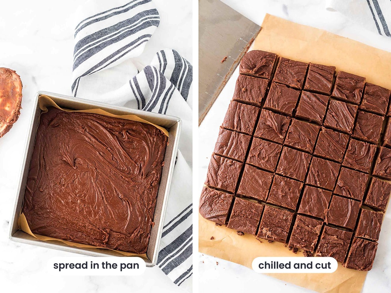 Chocolate fudge spread in a parchment-lined pan, then chilled and cut into squares