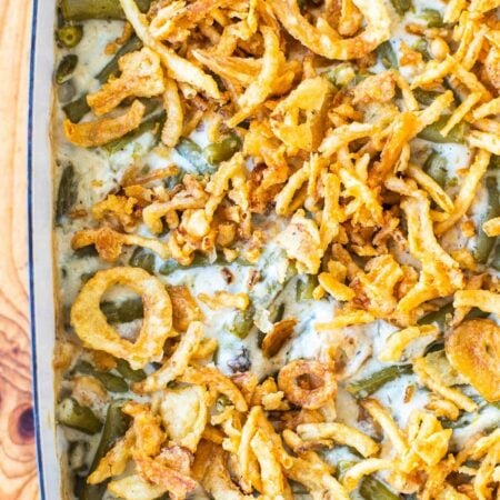 French's green bean casserole baked with crispy fried onions on top