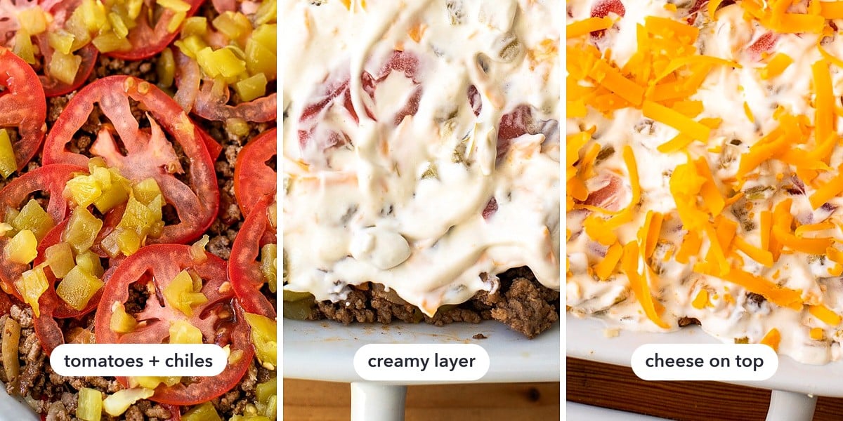 Layers being built: tomatoes and green chiles over beef, a creamy sour cream layer, and shredded cheddar on top