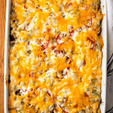 John Wayne casserole recipe with Bisquick crust baked in a white dish