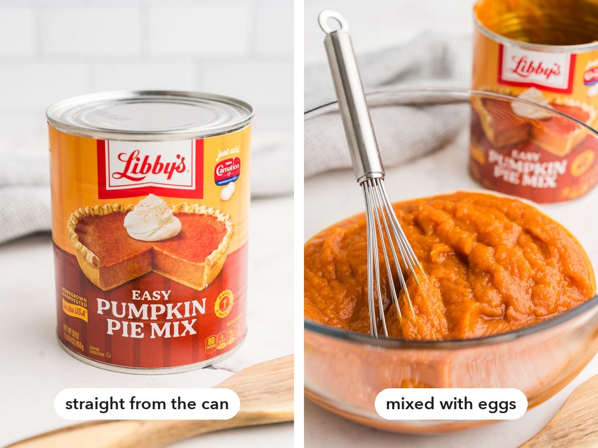 A can of Libby's next to a glass bowl of the mix whisked with eggs