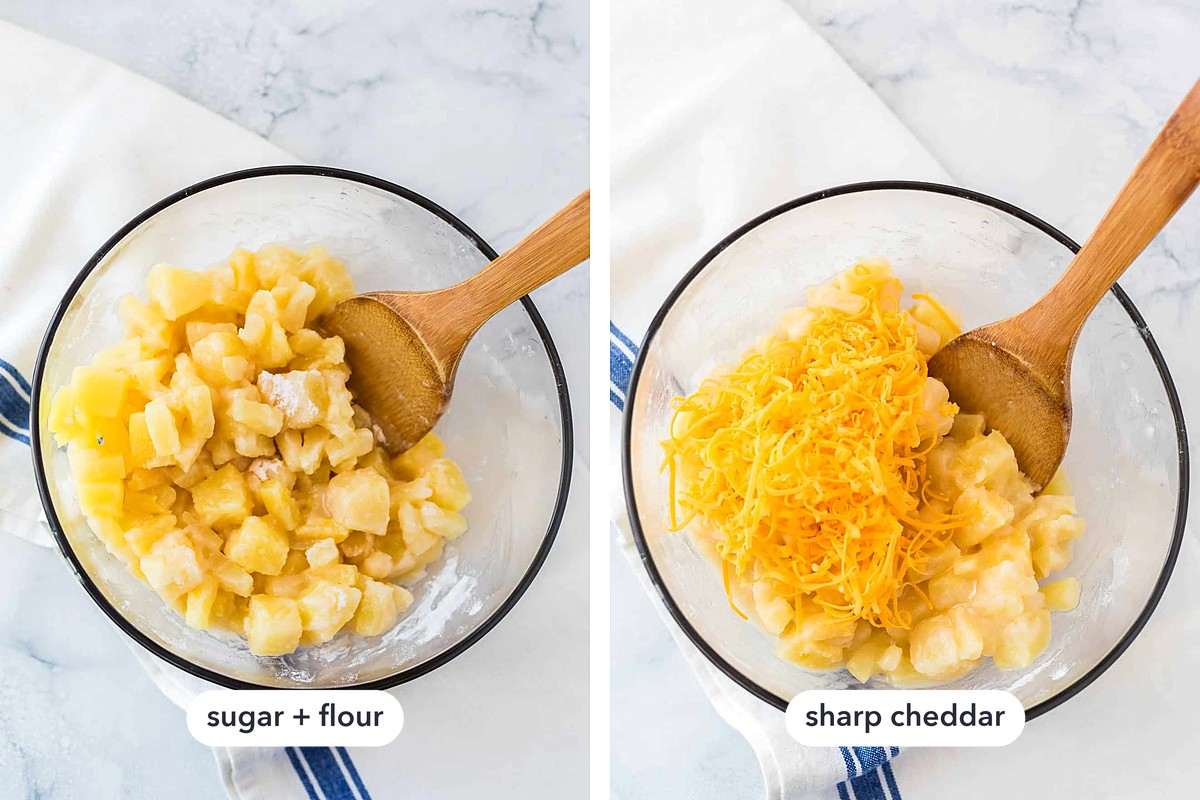Drained fruit tossed with sugar and flour in a glass bowl, then shredded sharp cheddar stirred in