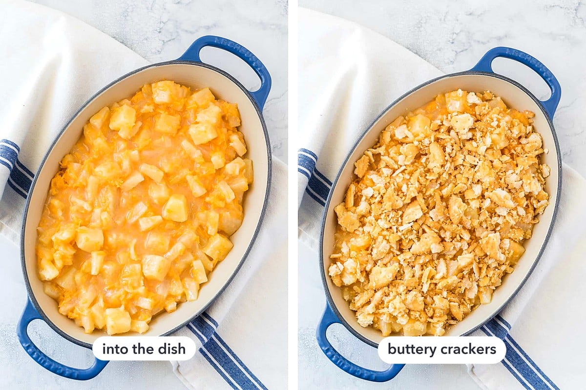 Cheesy fruit filling spread in a blue baking dish, then topped with buttery crushed crackers before baking